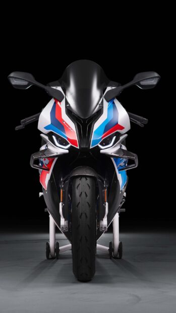 The BMW M 1000 RR motorcycle is shown from the front with detailed lights, 2K Mobile Wallpaper