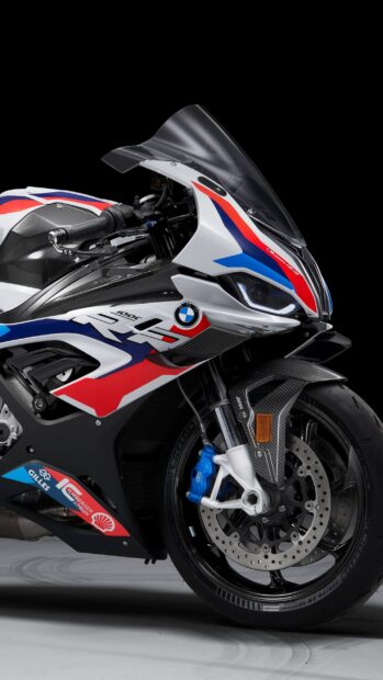The BMW M 1000 RR showcases a detailed front side with sporty red, blue, and white colors, 2K Mobile Wallpaper