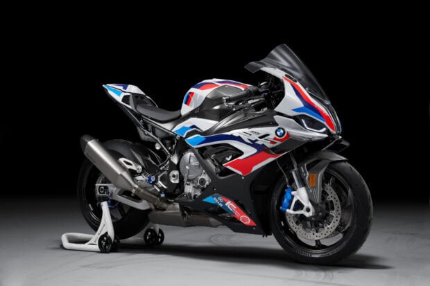 A BMW M 1000 RR motorcycle with detailed racing design and colors, HD Desktop Wallpaper