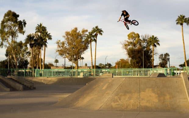 A BMX rider is performing an impressive jump at a skatepark with palm trees in the background, HD Desktop Wallpaper