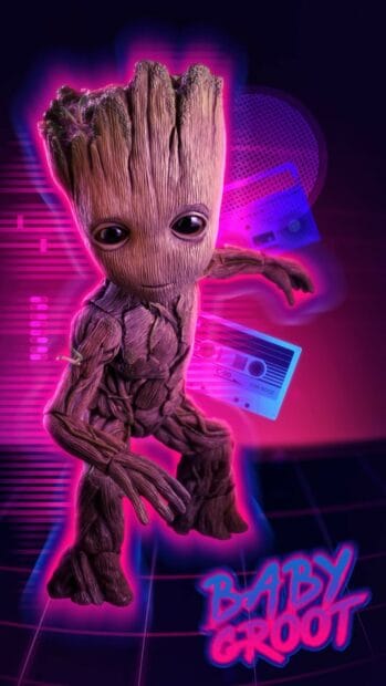 Baby Groot dancing with a cassette in bright neon light, HD Phone Wallpaper