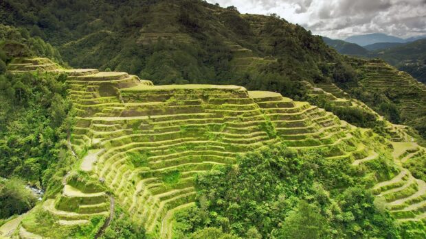 The Banaue Rice Terraces stretch across lush green mountains under a cloudy sky, HD Desktop Wallpaper
