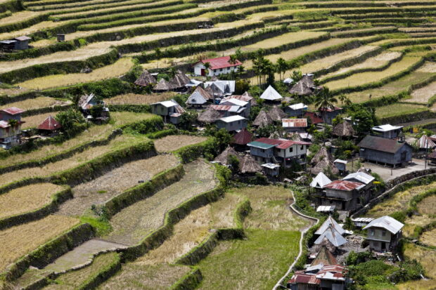 A scenic view of Banaue rice terraces surrounding a traditional village in the Philippines, 2K Desktop Wallpaper
