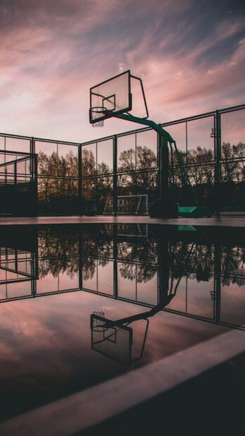 A basketball hoop is reflected on the court surface at sunset with trees in the background, HD Mobile Wallpaper