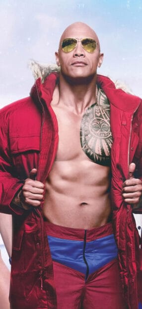 A muscular man from Baywatch movie wears sunglasses and a red jacket revealing his tattoo, HD Phone Wallpaper