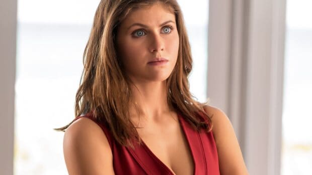 A close up shot of the lead actress from Baywatch movie wearing a red outfit and looking focused, 4K Desktop Wallpaper