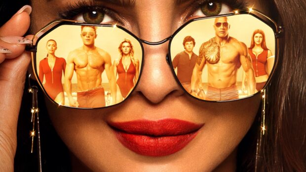A close up of a woman with red lipstick showing Baywatch Movie characters reflected in her sunglasses, 4K Desktop Wallpaper