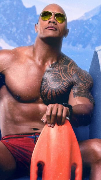 A lifeguard from Baywatch movie holding an orange rescue buoy while wearing sunglasses, 4K Phone Wallpaper