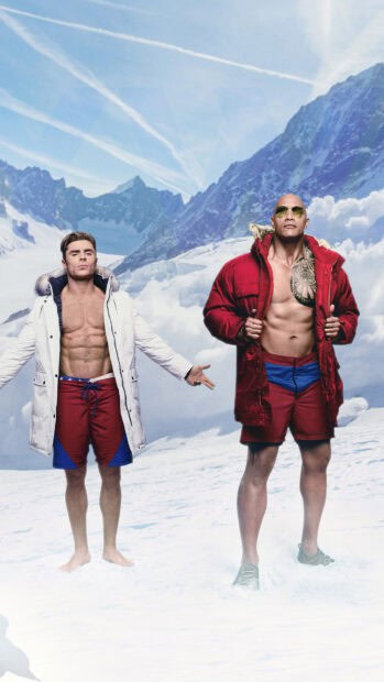 Two lifeguards in snow with mountains in background in Baywatch movie wallpapers, HD Mobile Wallpaper