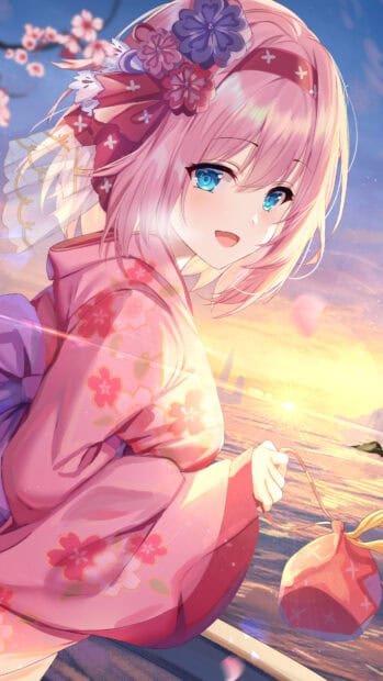 A Princess Connect Re Dive anime character wearing a floral kimono at sunset, 4K Phone Wallpaper