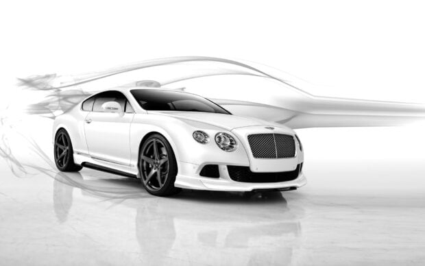 A white Bentley Continental GT is shown with dynamic abstract smoke effects behind it, HD Desktop Wallpaper