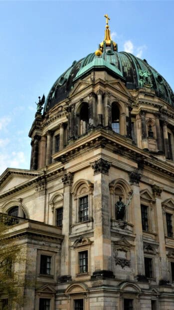 The Berlin Cathedral shows its detailed dome and statues under the blue sky, HD Mobile Wallpaper