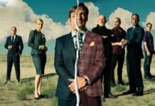 The Better Call Saul cast stands in an open field with a dramatic torn effect dividing the central figure, 2K Desktop Wallpaper