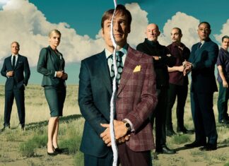 The Better Call Saul cast stands in an open field with a dramatic torn effect dividing the central figure, 2K Desktop Wallpaper