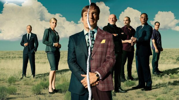 The Better Call Saul cast stands in an open field with a dramatic torn effect dividing the central figure, 2K Desktop Wallpaper