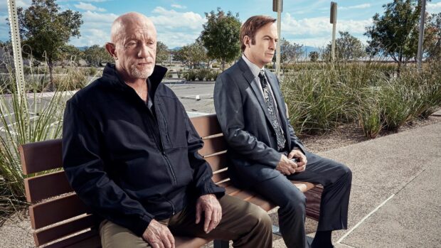Two men from Better Call Saul are sitting on a bench outdoors under a cloudy sky, HD Desktop Wallpaper