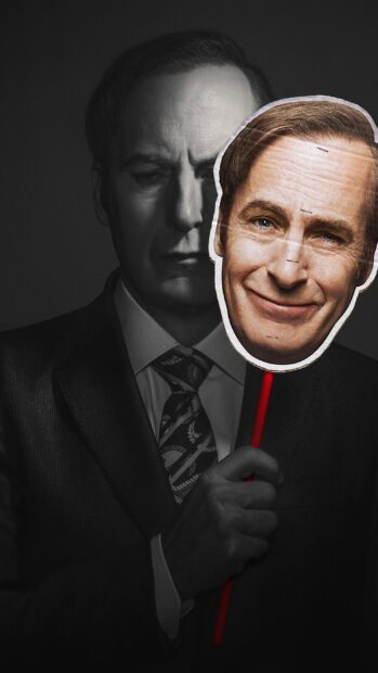 A man holds a mask showing a smiling face in the Better Call Saul series, 2K Phone Wallpaper
