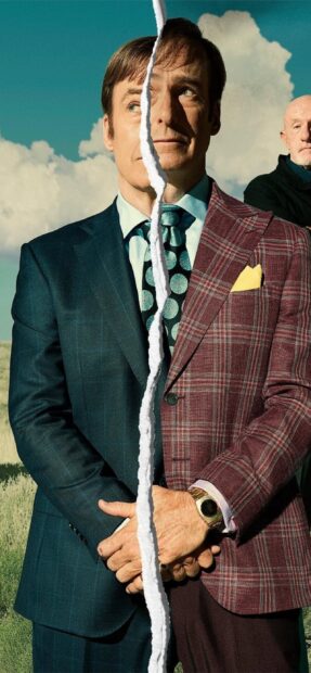 A torn image shows two sides of a man in different suits related to Better Call Saul wallpapers, 2K Mobile Wallpaper