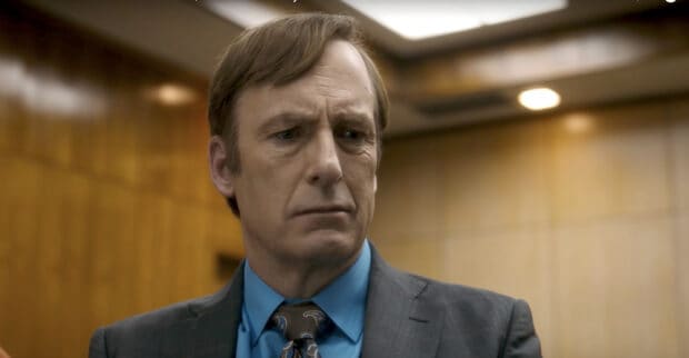 Saul Goodman looks serious in a courtroom, 2K Desktop Wallpaper