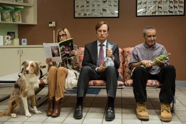 The main characters from Better Call Saul sit in a waiting room holding pets and a goldfish, 2K Desktop Wallpaper
