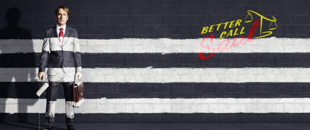 A man stands with a briefcase and paint roller in front of black and white stripes showing Better Call Saul logo, 2K Desktop Wallpaper