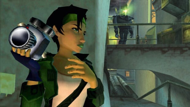 A focused character from Beyond Good And Evil game holds a camera in a tense urban setting, HD Desktop Wallpaper