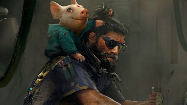 A man wearing sunglasses holds a small pig like creature from Beyond Good And Evil game, 4K Desktop Wallpaper
