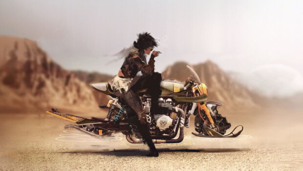 A character from Beyond Good And Evil game is sitting on a futuristic bike in a desert, 4K Desktop Wallpaper