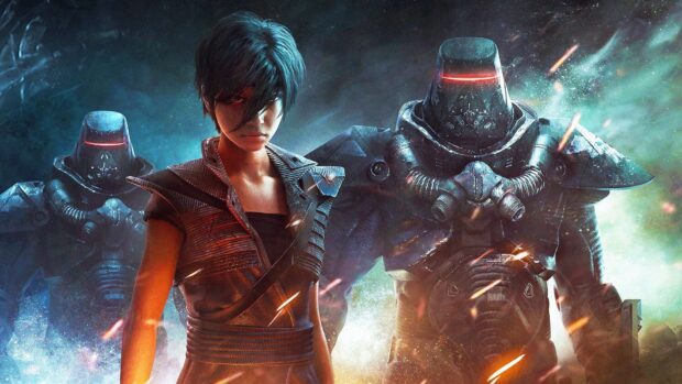 A character from Beyond Good And Evil stands determined with armored foes behind her, HD Desktop Wallpaper
