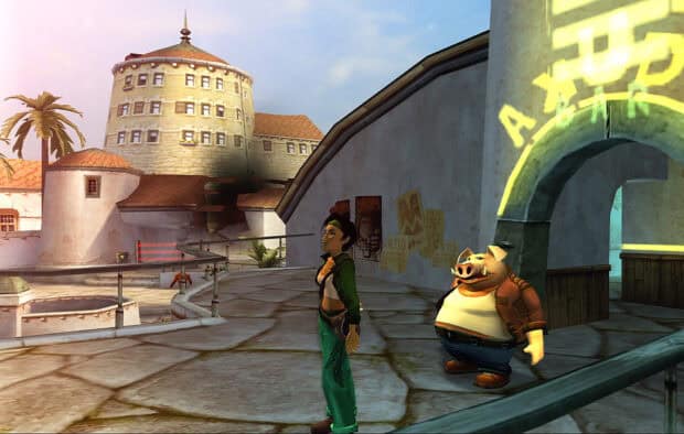 A female character and a pig like companion stand in a city from Beyond Good And Evil game, HD Desktop Wallpaper