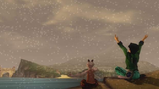 Two Beyond Good And Evil game characters are meditating near a body of water under a cloudy sky, 2K Desktop Wallpaper