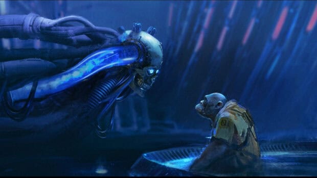 A mechanical skull faces a humanoid ape in a dark blue setting, Beyond Good And Evil Game Wallpapers, HD Desktop Wallpaper