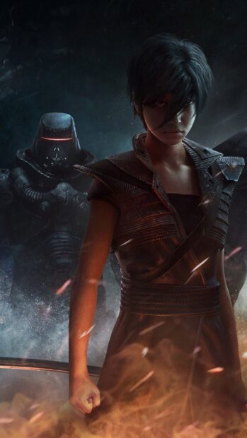 A determined character stands with a futuristic armored figure behind in Beyond Good And Evil game, HD Phone Wallpaper