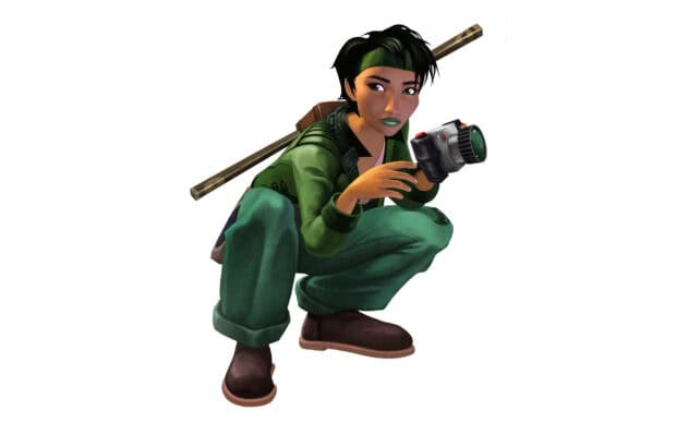 A character from Beyond Good And Evil game is crouching and holding a camera device, 2K Desktop Wallpaper