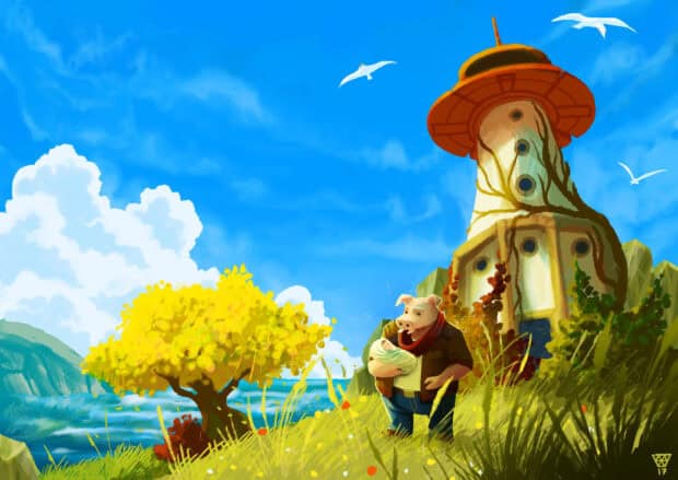 A character from Beyond Good And Evil game is standing near a tower holding a baby under a bright blue sky, HD Desktop Wallpaper