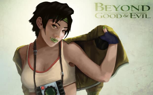 The artwork shows a female character from Beyond Good And Evil game holding a jacket and wearing a camera, HD Desktop Wallpaper