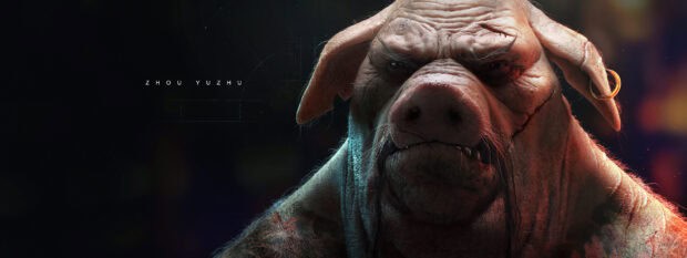 A detailed character from Beyond Good And Evil game showing a pig like creature with scars and an earring, 4K Desktop Wallpaper
