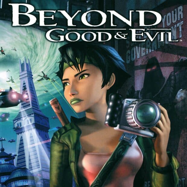 A character from Beyond Good And Evil game holds a camera amid a futuristic city scene, HD Desktop Wallpaper