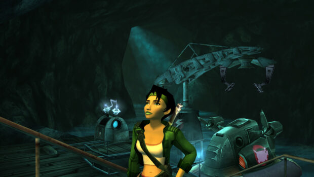 The main character in Beyond Good And Evil stands in a mysterious cave with mechanical devices, HD Desktop Wallpaper