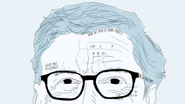 A detailed digital sketch highlighting Bill Gates's face with thoughtful annotations, HD Desktop Wallpaper