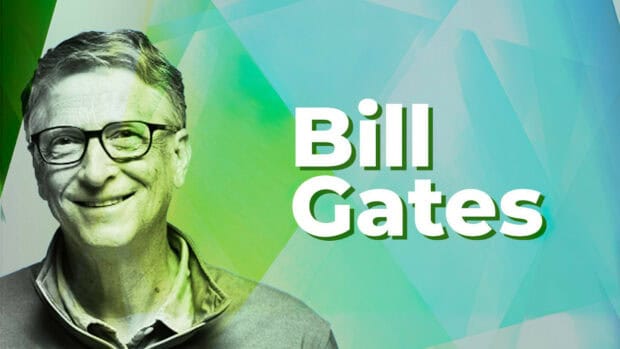 A portrait of Bill Gates smiling with a colorful geometric background, HD Desktop Wallpaper