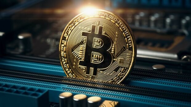 A detailed Bitcoin coin is showcased on a computer motherboard chip, representing Bitcoin Wallpapers Collection, HD Desktop Wallpaper