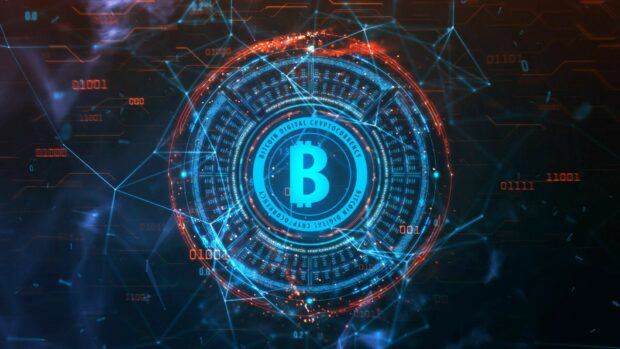 The Bitcoin digital cryptocurrency concept is displayed with glowing blue and orange network lines, HD Desktop Wallpaper