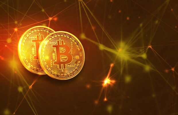 Two golden bitcoins with network connections glowing in the background, HD Desktop Wallpaper