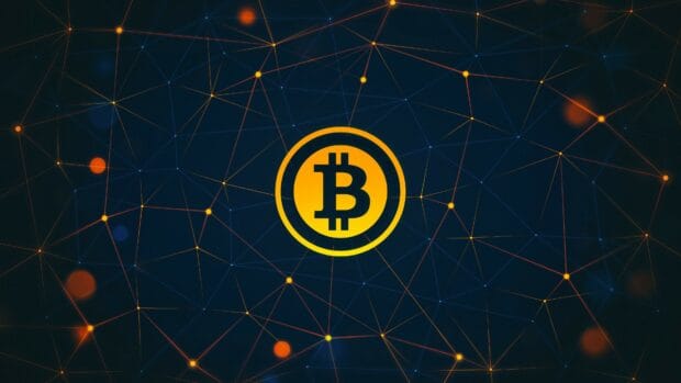 The image shows a glowing Bitcoin symbol connected by network nodes on a dark background, 4K Desktop Wallpaper