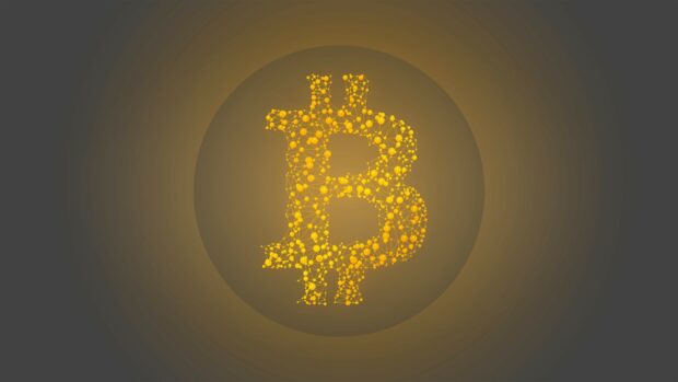 The image shows a glowing digital network forming the Bitcoin symbol, 4K Desktop Wallpaper