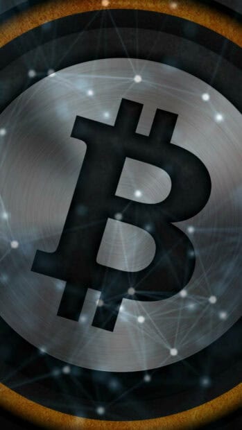 The Bitcoin digital network symbol shines against a dark background, HD Android Wallpaper