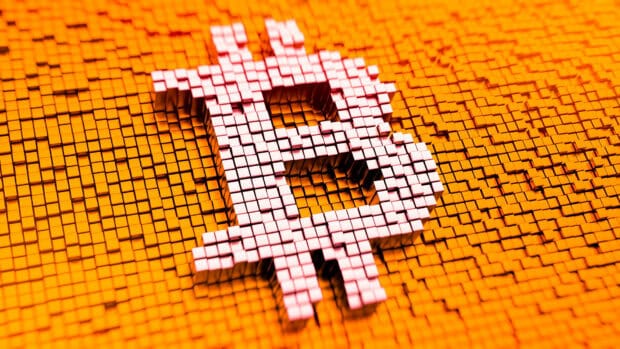 The Bitcoin Wallpapers Collection is represented by a 3D pixel art symbol made of small cubes, HD Desktop Wallpaper