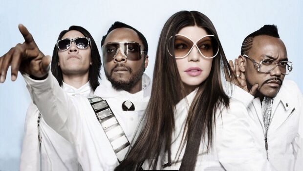 The Black Eyed Peas are posing together wearing white outfits and sunglasses, HD Desktop Wallpaper