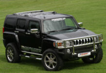 A black Hummer H3 stands on a grassy field with shiny chrome details and rugged tires, HD Desktop Wallpaper